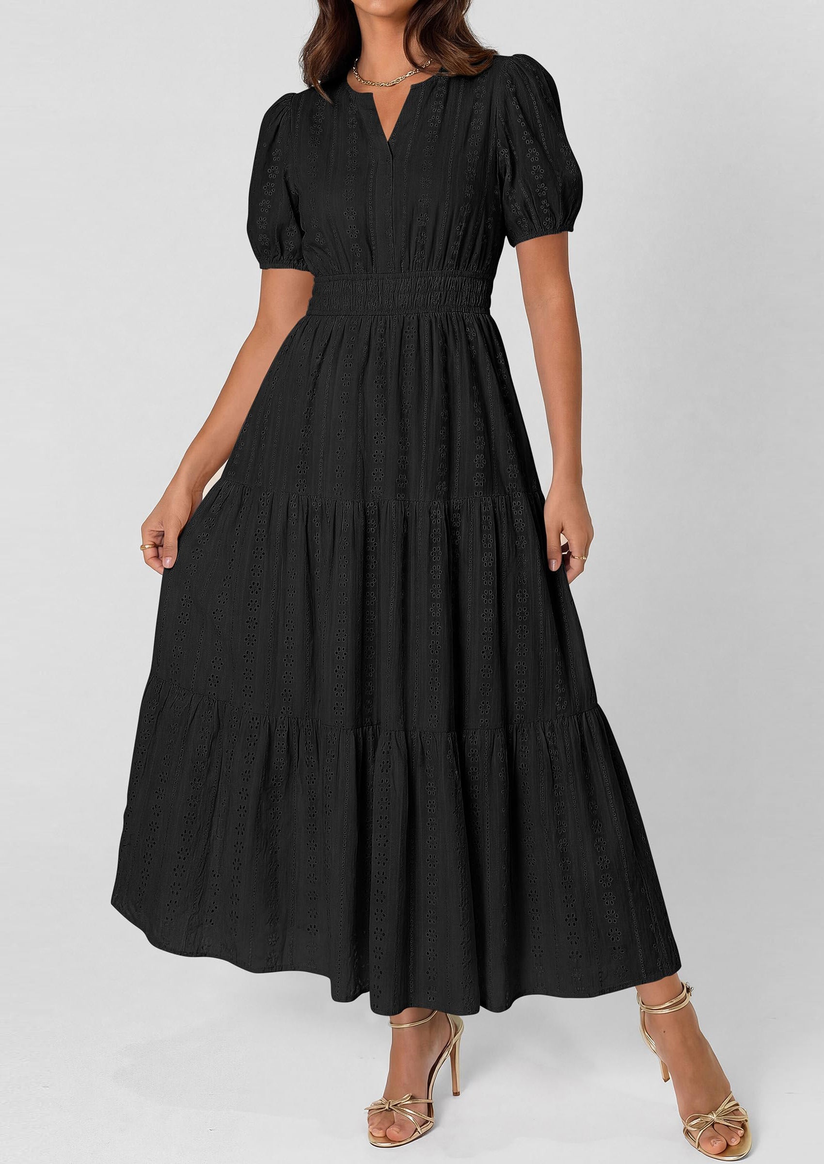 PRETTYGARDEN Womens Summer Maxi Dresses Casual Puff Sleeve V Neck Smocked Flowy Eyelet Cotton Dress Spring Sundress PRETTYGARDEN