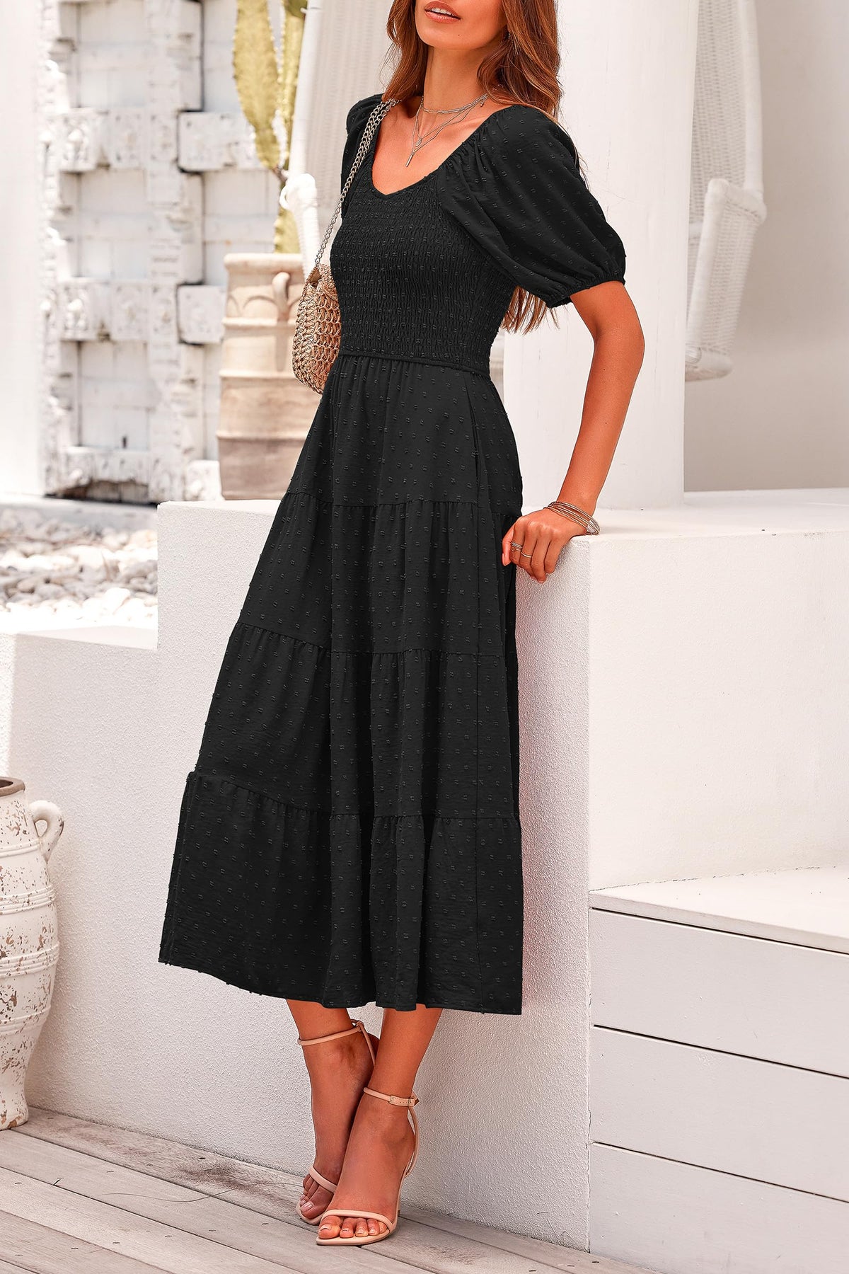 Puff Sleeve Boho Midi Dress