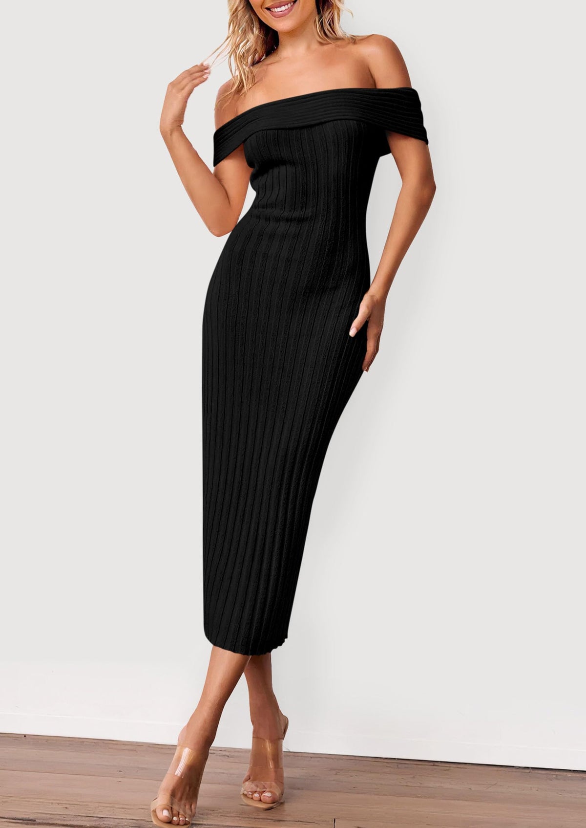 Women's Off The Shoulder Sweater Dresses 2025 Summer Elegant Ribbed Knit Midi Bodycon Wedding Guest Dress