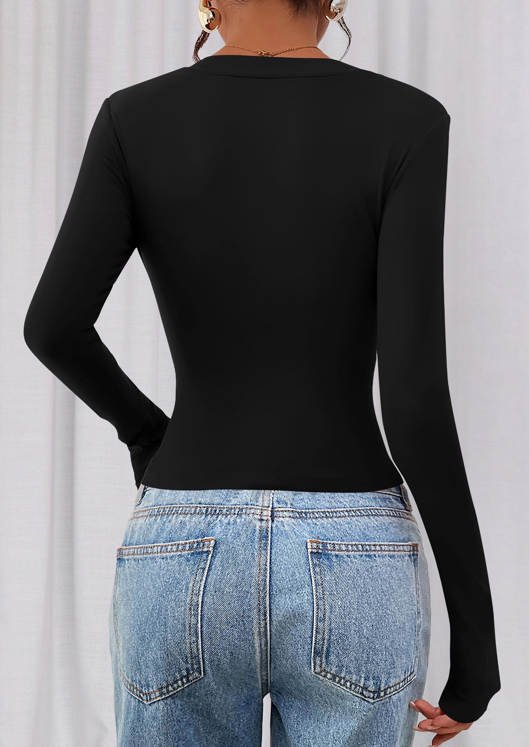 PRETTYGARDEN Womens Long Sleeve T Shirts Fall Trendy Deep V Neck Slim Fit Basic Crop Tops Casual Going Out Top