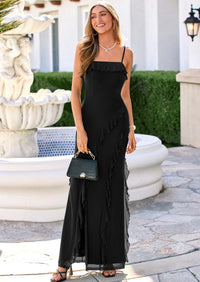 PRETTYGARDEN Women Bodycon Maxi Dress Mesh Ruffle Spaghetti Strap Square Neck Formal Cocktail Wedding Guest Spring Dresses PRETTYGARDEN