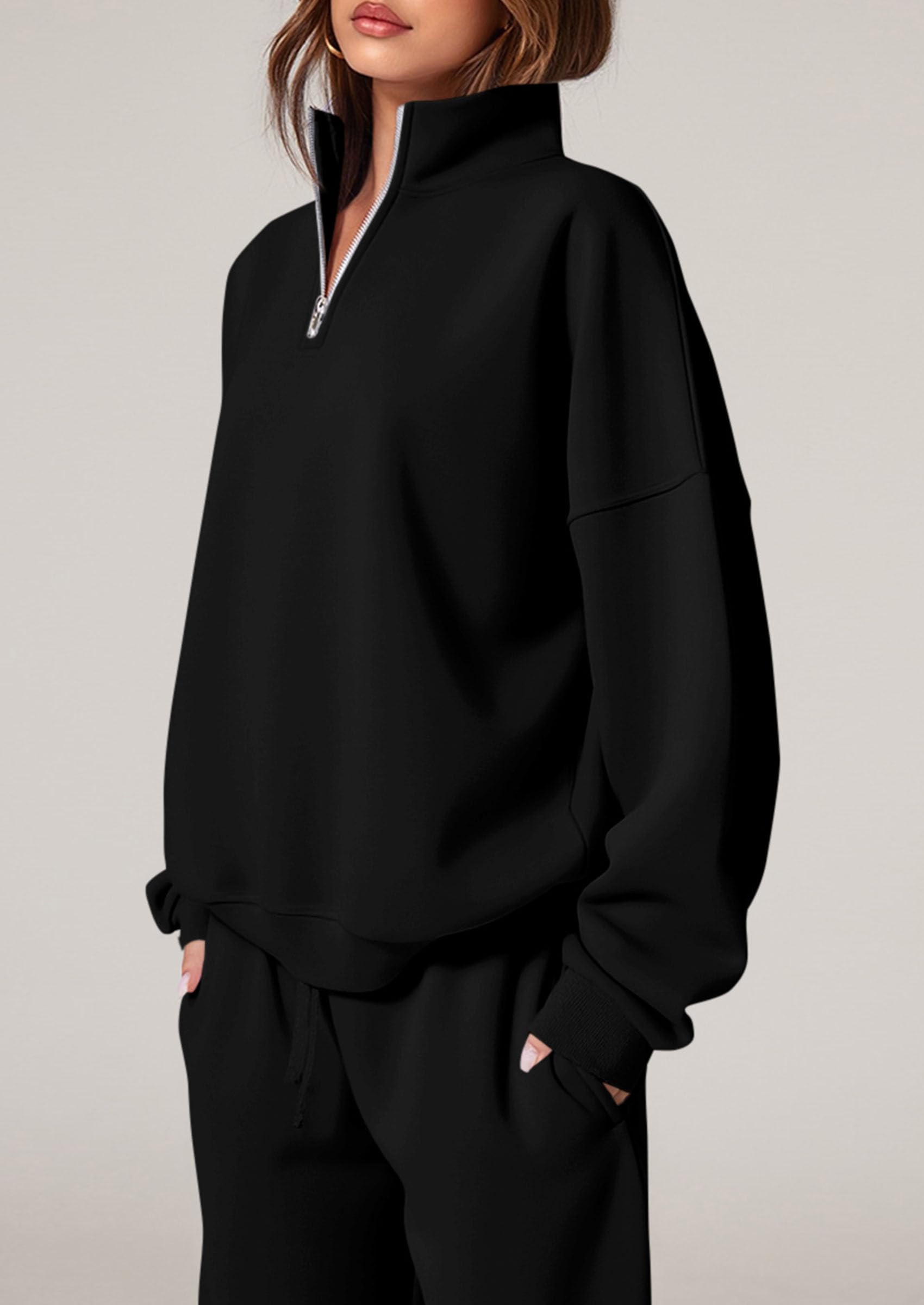 PRETTYGARDEN Womens Casual Two Piece Sets Fall Outfits Quarter Zip Sweatshirts Straight Leg Pants Sweatsuits Tracksuit