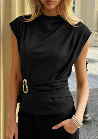 PRETTYGARDEN Women Blouses Spring Dressy Cap Sleeve Mock Neck Work Shirts Buckle Tunic Summer Business Casual Tops PRETTYGARDEN