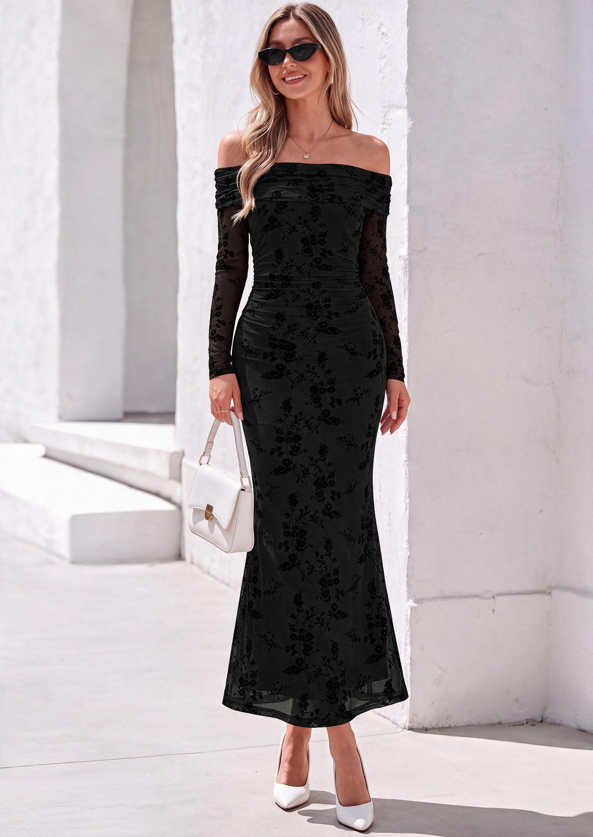 PRETTYGARDEN Womens Off Shoulder Floral Maxi Wedding Guest Dress  Mesh Slim Fit,Elegant Bodycon,Formal Party Cocktail Dress,Bridal Shower Baby Shower,Date Night Outfits,Vacation Long Dresses