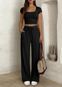 PRETTYGARDEN Women's 2 Piece Matching Lounge Sets Ribbed Short Sleeve Crop Tops Wide Leg Pants Summer Airport Outfits PRETTYGARDEN