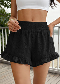 PRETTYGARDEN Summer Shorts for Women Boho Elastic Waist Ruffle Casual Hollow Out Embroidered Beach Bottoms with Pockets PRETTYGARDEN