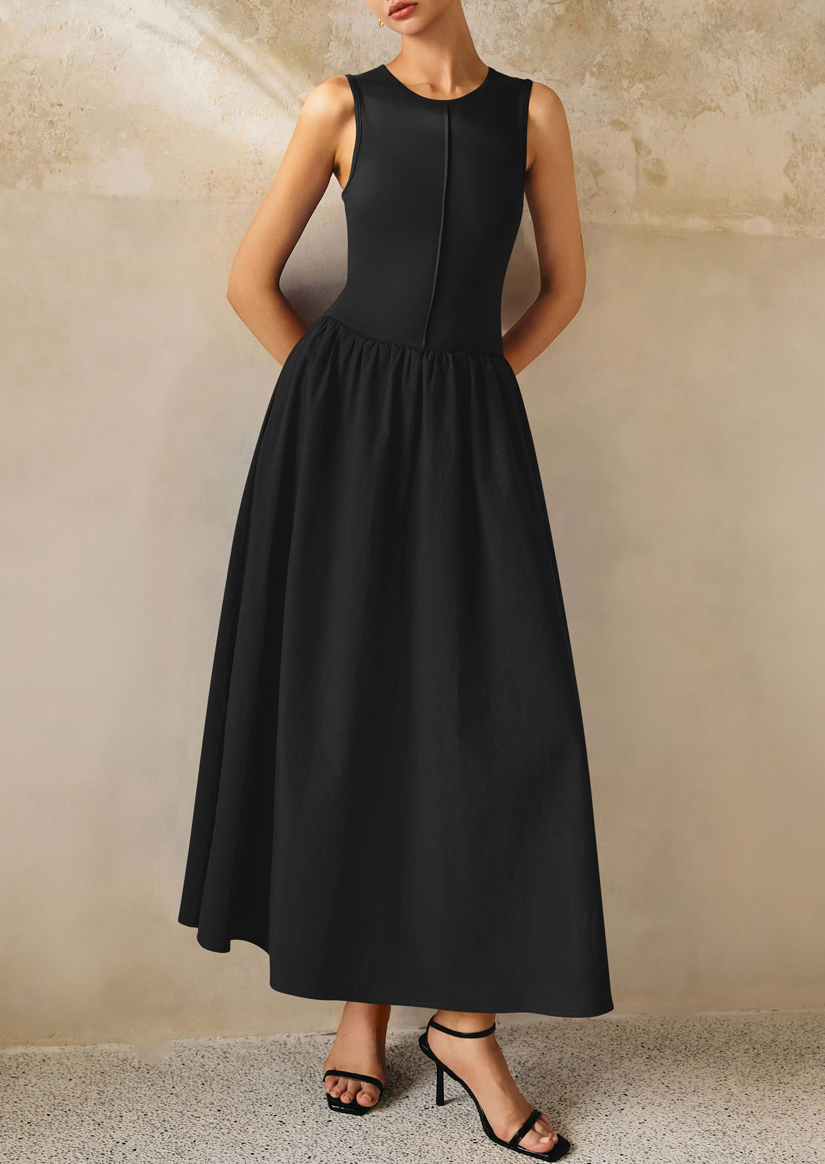 PRETTYGARDEN Women Maxi Dresses Casual Sleeveless Patchwork Knit Tank Dress Flowy Beach Sundress Long Dress