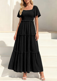 PRETTYGARDEN Summer Dresses for Women Boho Swiss Dot Smocked Square Neck Short Sleeve Spring Wedding Guest Maxi Dress PRETTYGARDEN