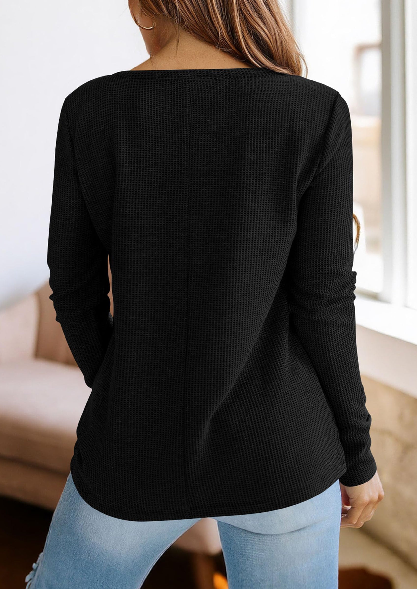 PRETTYGARDEN Long Sleeve Shirts for Women Fall V Neck Waffle Basic Tee Dressy Casual Winter Blouses Knit Tunic Tops