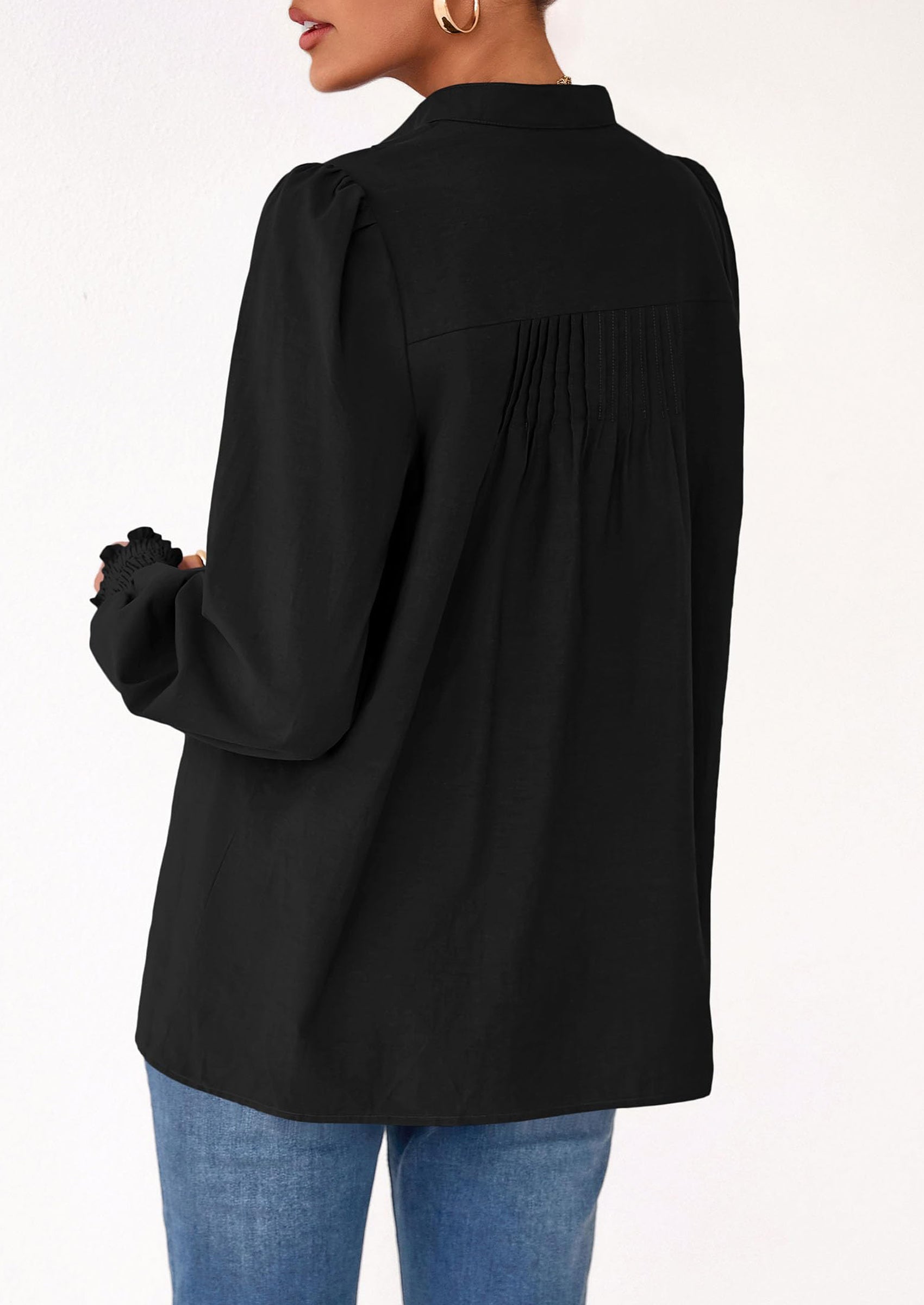 PRETTYGARDEN Womens Fall Lantern Long Sleeve Shirts Trendy Button V Neck Pleated Henley Tops Loose Work Blouses