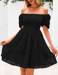 Womens Summer Puff Sleeve Mini Dress Off Shoulder Eyelet Smocked A Line Casual Babydoll Short Dresses