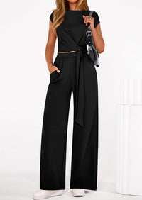 PRETTYGARDEN 2 Piece Matching Lounge Sets For Women Summer Short Sleeve Tie Front Crop Tops Casual Wide Leg Pants Tracksuit PRETTYGARDEN