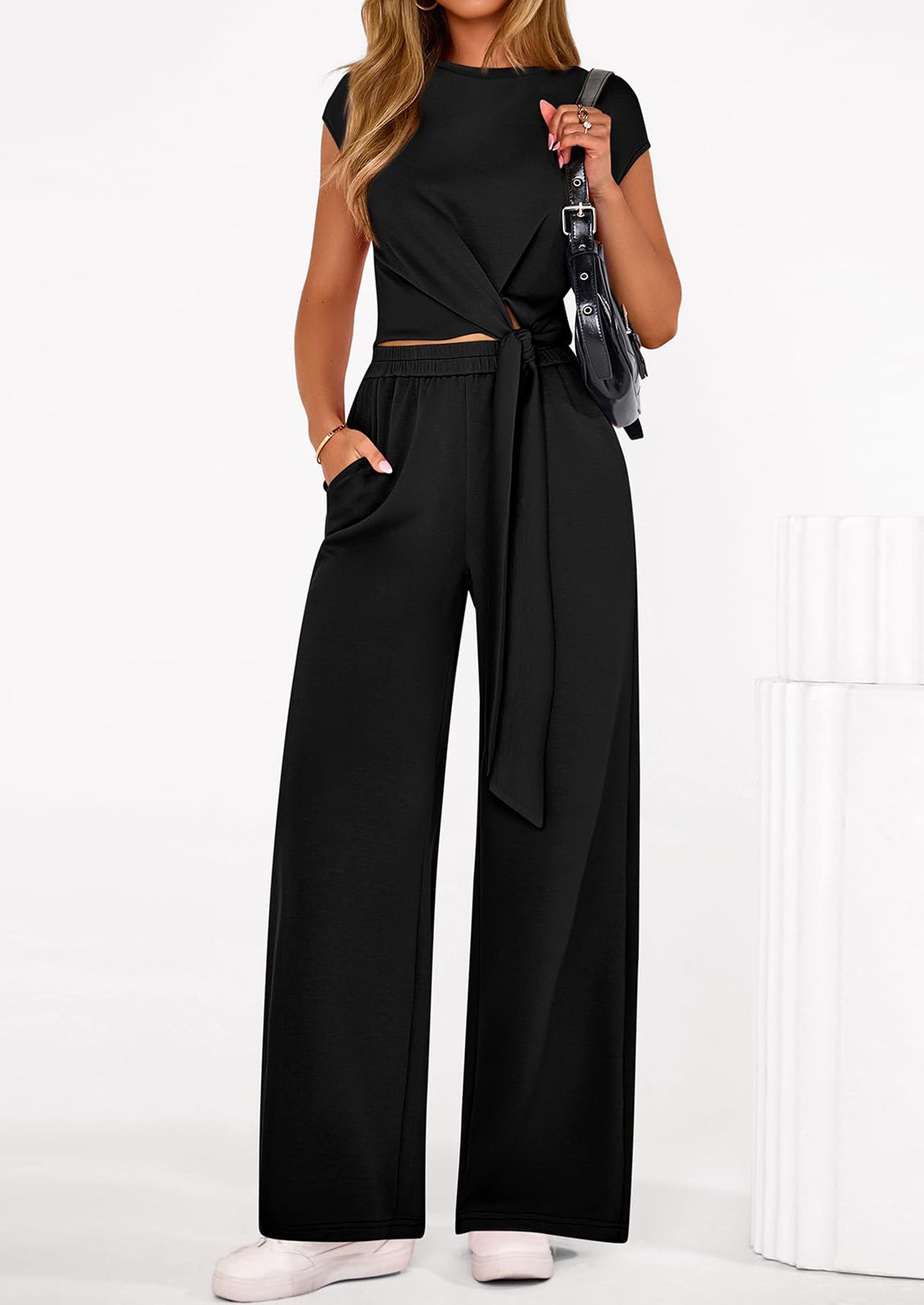 PRETTYGARDEN 2 Piece Matching Lounge Sets For Women Summer Short Sleeve Tie Front Crop Tops Casual Wide Leg Pants Tracksuit PRETTYGARDEN