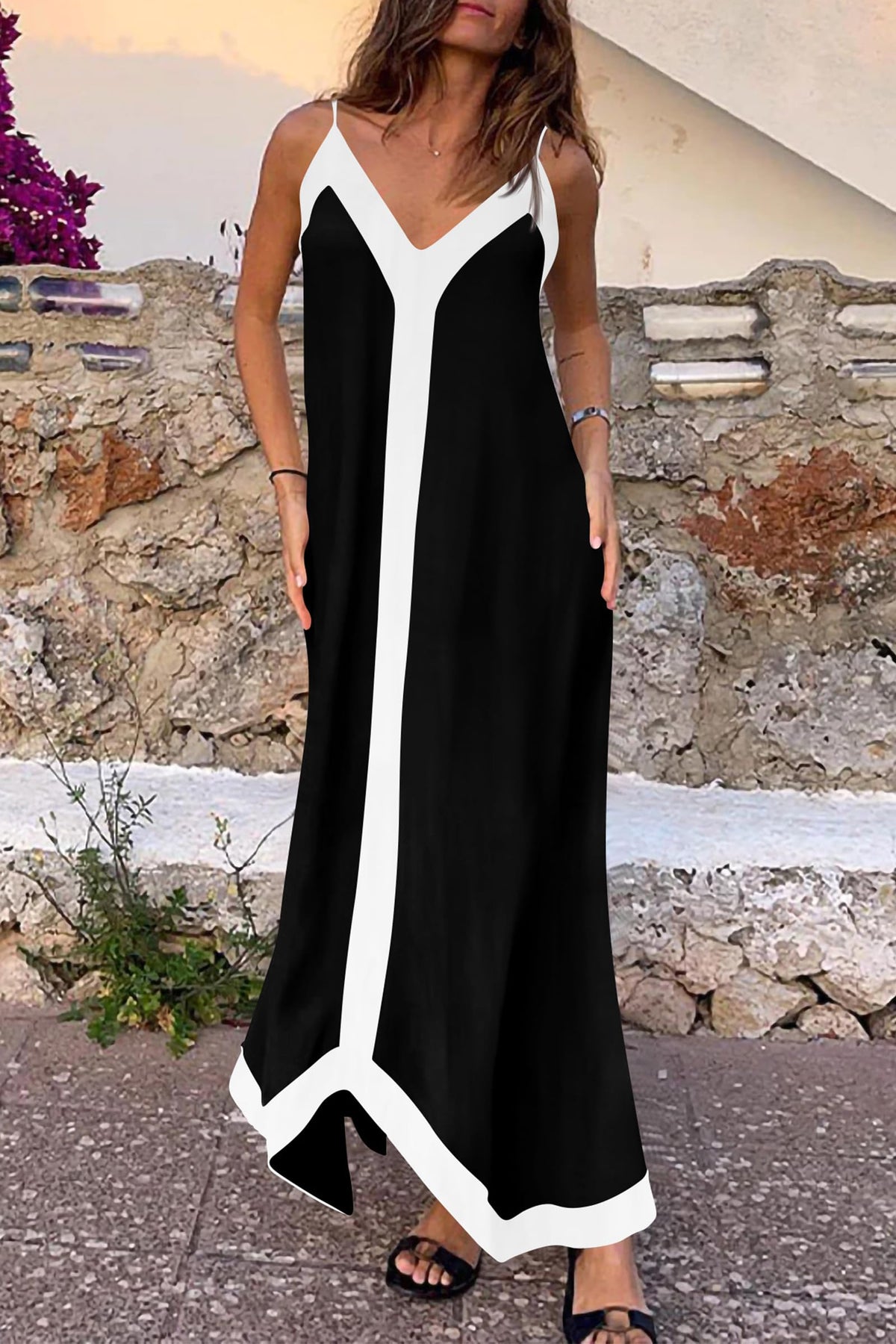 Elegant V Neck Spaghetti Strap Flowy Maxi Cocktail Party Dresses