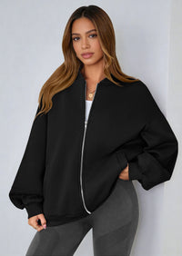 KIRUNDO Oversized Sweatshirt for Women Zip Up Bomber Jacket Fall Fashion Casual Long Sleeve Outerwear Winter Outfits