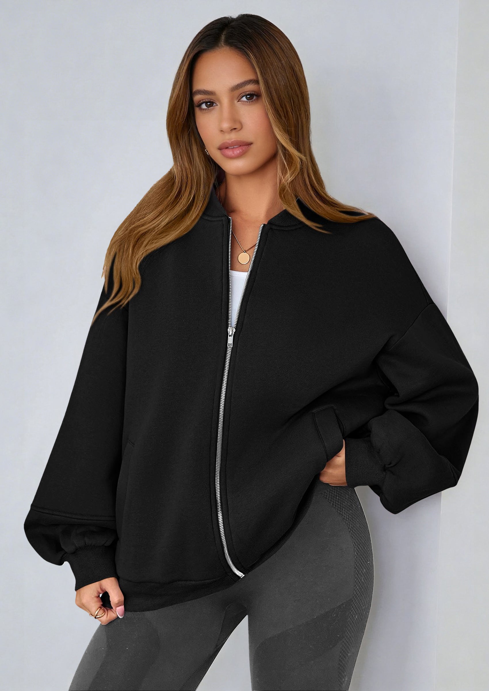 KIRUNDO Oversized Sweatshirt for Women Zip Up Bomber Jacket Fall Fashion Casual Long Sleeve Outerwear Winter Outfits