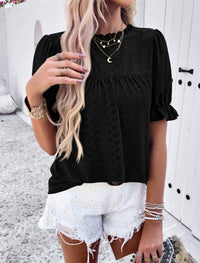 Summer Tops Casual Crewneck Ruffle Short Sleeve Eyelet Babydoll Blouse Shirts