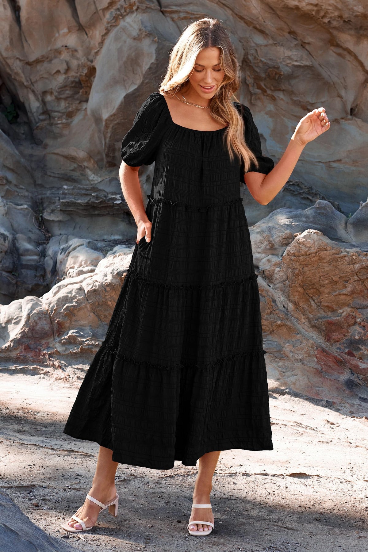 Casual Maxi Dresses Summer Short Sleeve Off The Shoulder Ruffle Tiered Flowy Boho Party Beach Long Dress