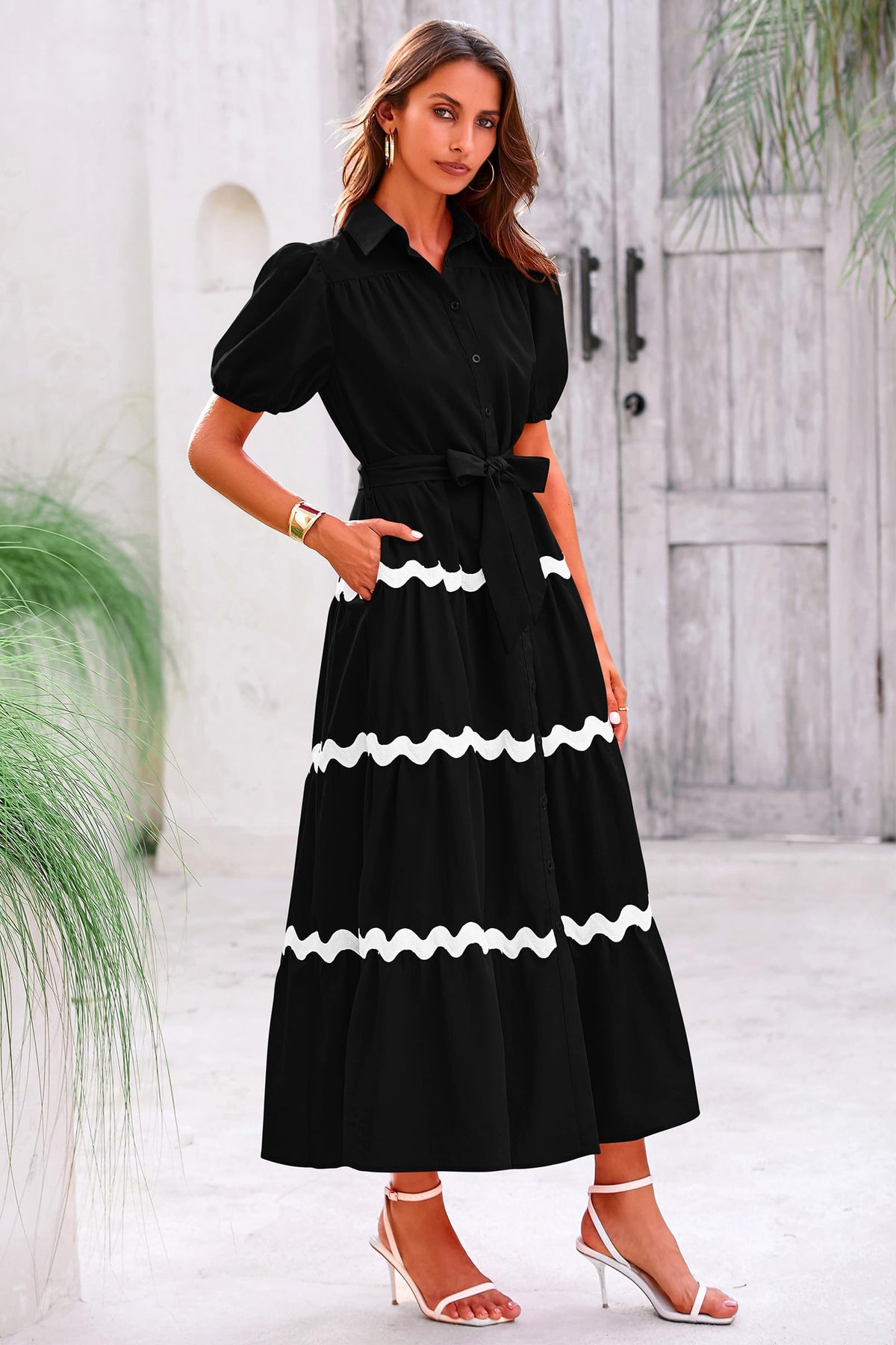 Summer Maxi Button Down Puff Short Sleeve Ruffle Long Flowy Shirt Dresses With Belt