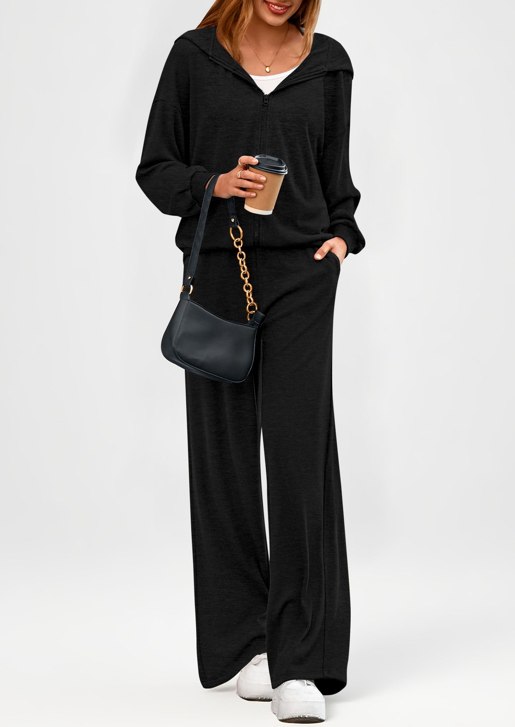 PRETTYGARDEN Women's 2 Piece Fall Lounge Sets Zip Up Hoodie Wide Leg Pants Tracksuit Matching Travel Outfits Clothes PRETTYGARDEN