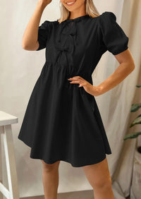 Womens Summer Casual Short Sleeve Dresses A Line Bow Tie Front Babydoll Loose Cute Mini Dress with Pockets