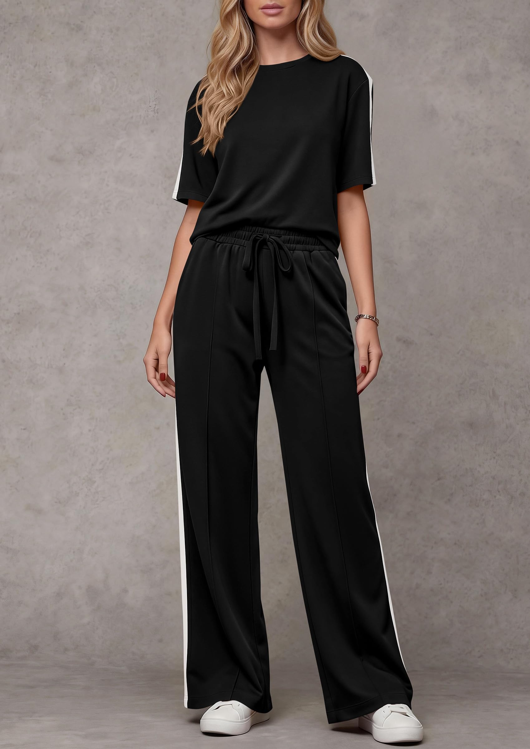 PRETTYGARDEN Women's 2 Piece Sets Summer Casual Short Sleeve Tops Wide Leg Pants Matching Lounge Set Vacation Travel Outfits PRETTYGARDEN