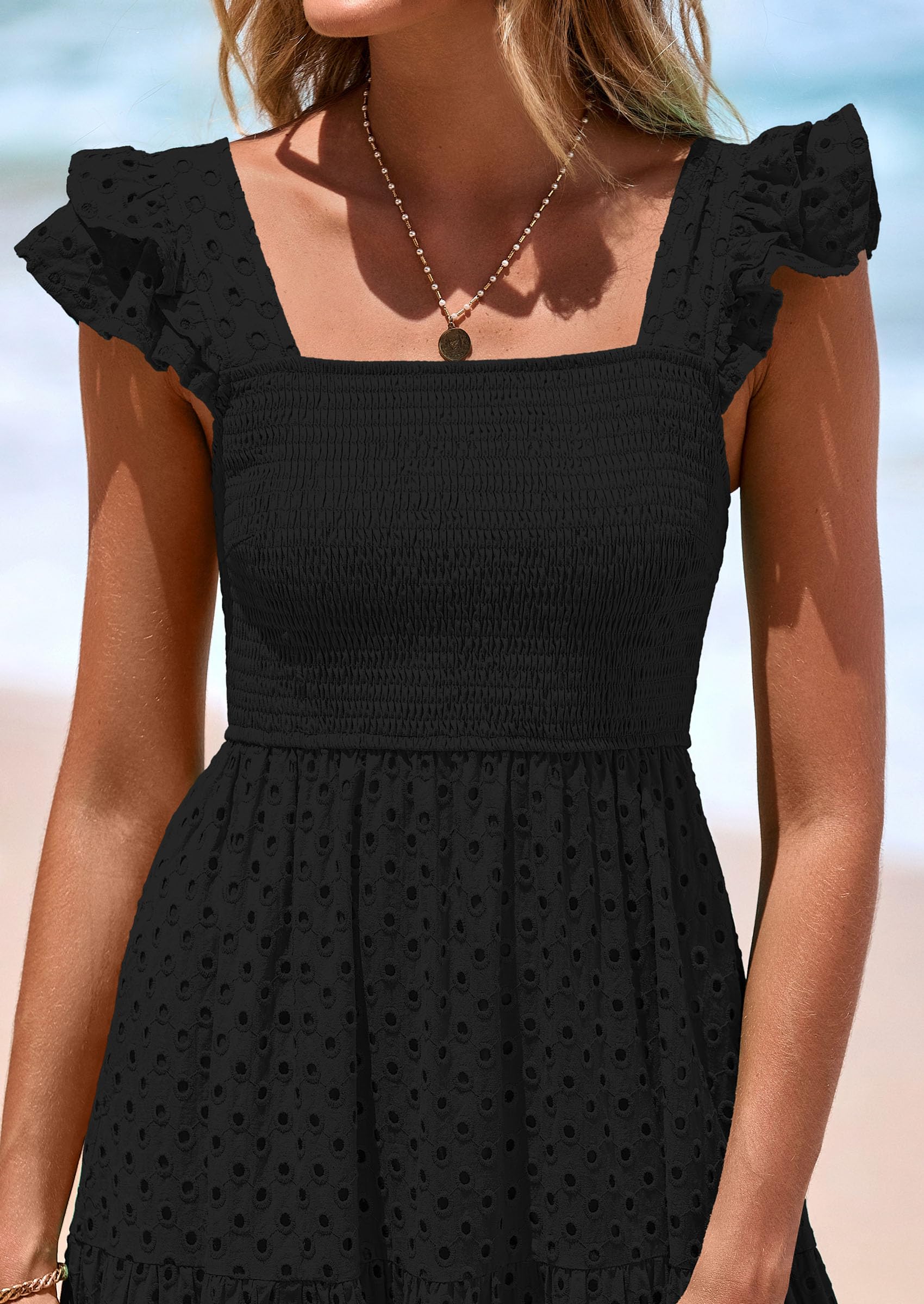 PRETTYGARDEN Womens Square Neck Maxi Dresses Cap Sleeve Eyelet Smocked Tiered A Line Flowy Long Dress with Pockets