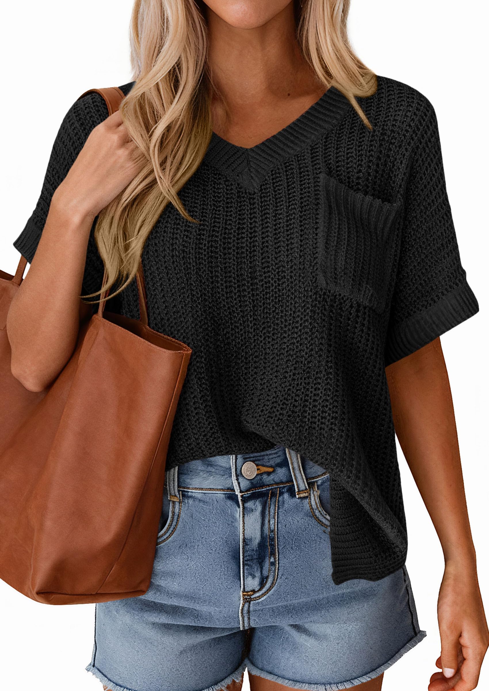 PRETTYGARDEN Women's Spring Short Sleeve Sweaters Lightweight V Neck Casual Going Out Summer T PRETTYGARDEN