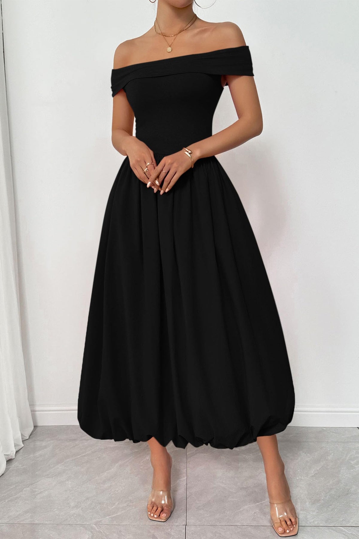 Womens Summer Off Shoulder Sleeveless Midi Dress Cocktail A Line Flowy Wedding Guest Dresses with Pockets