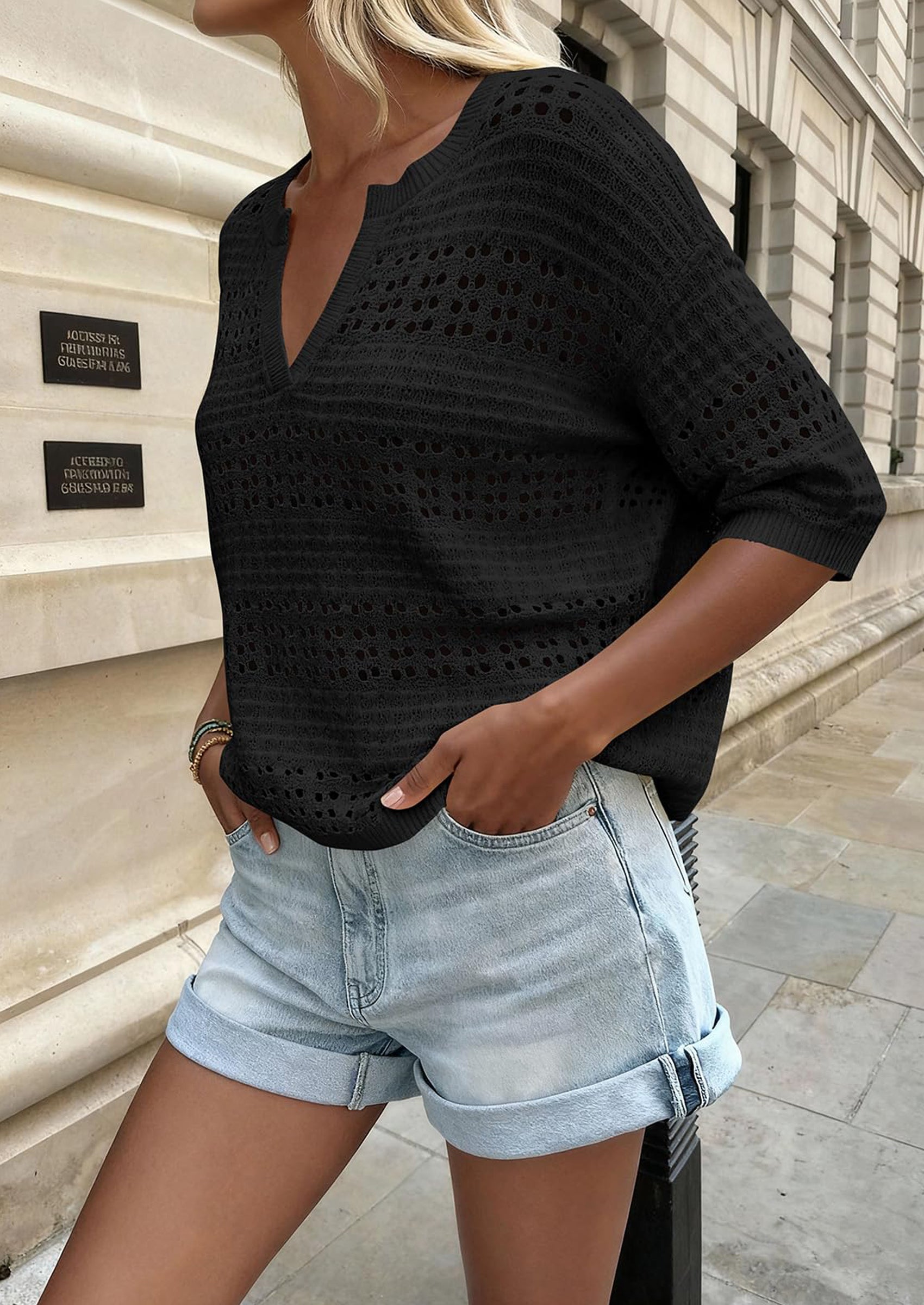 PRETTYGARDEN Womens Crochet Tops Casual Cotton Hollow Out Knit Short Sleeve Oversized Sweater for Women Summer Beach Cover Up PRETTYGARDEN