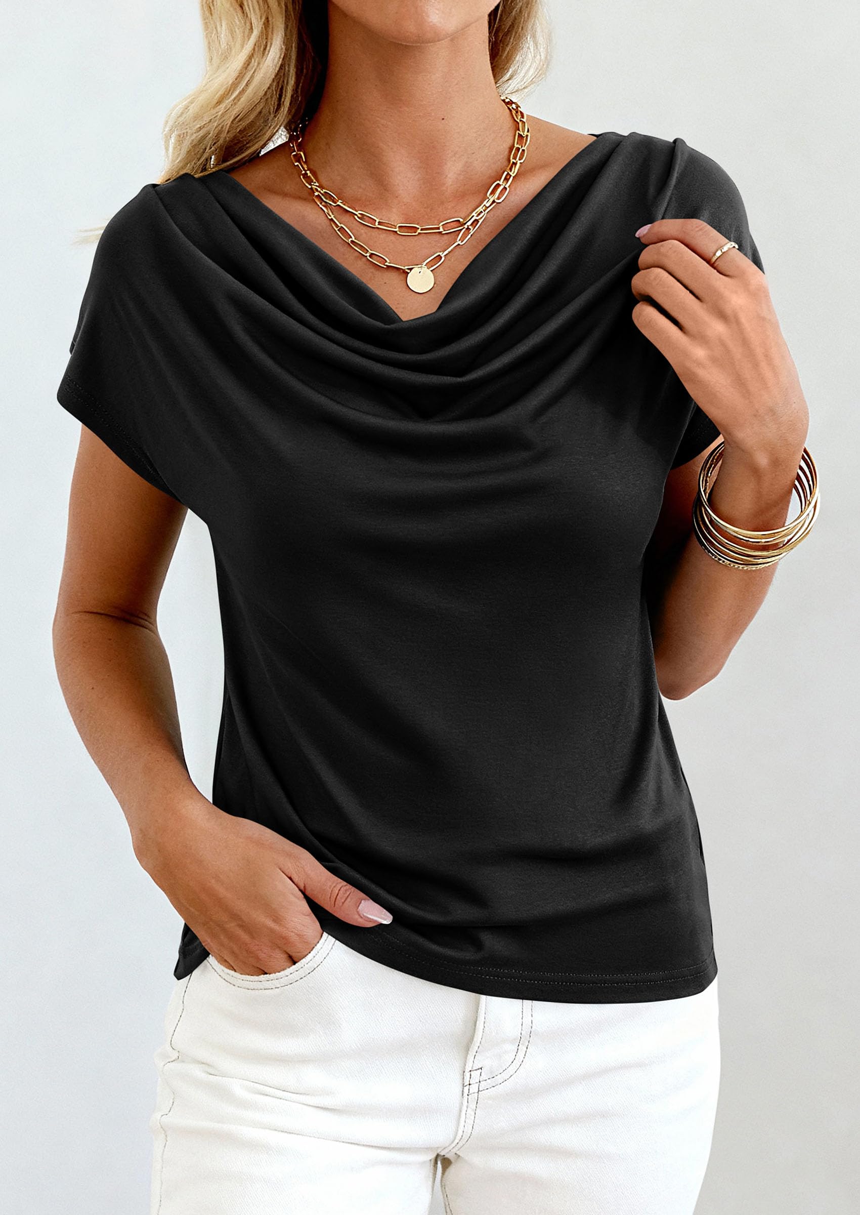 PRETTYGARDEN Blouses for Women Dressy Casual 2026 Summer Cowl Neck Short Sleeve Tops Spring Work Office Teacher Shirts PRETTYGARDEN