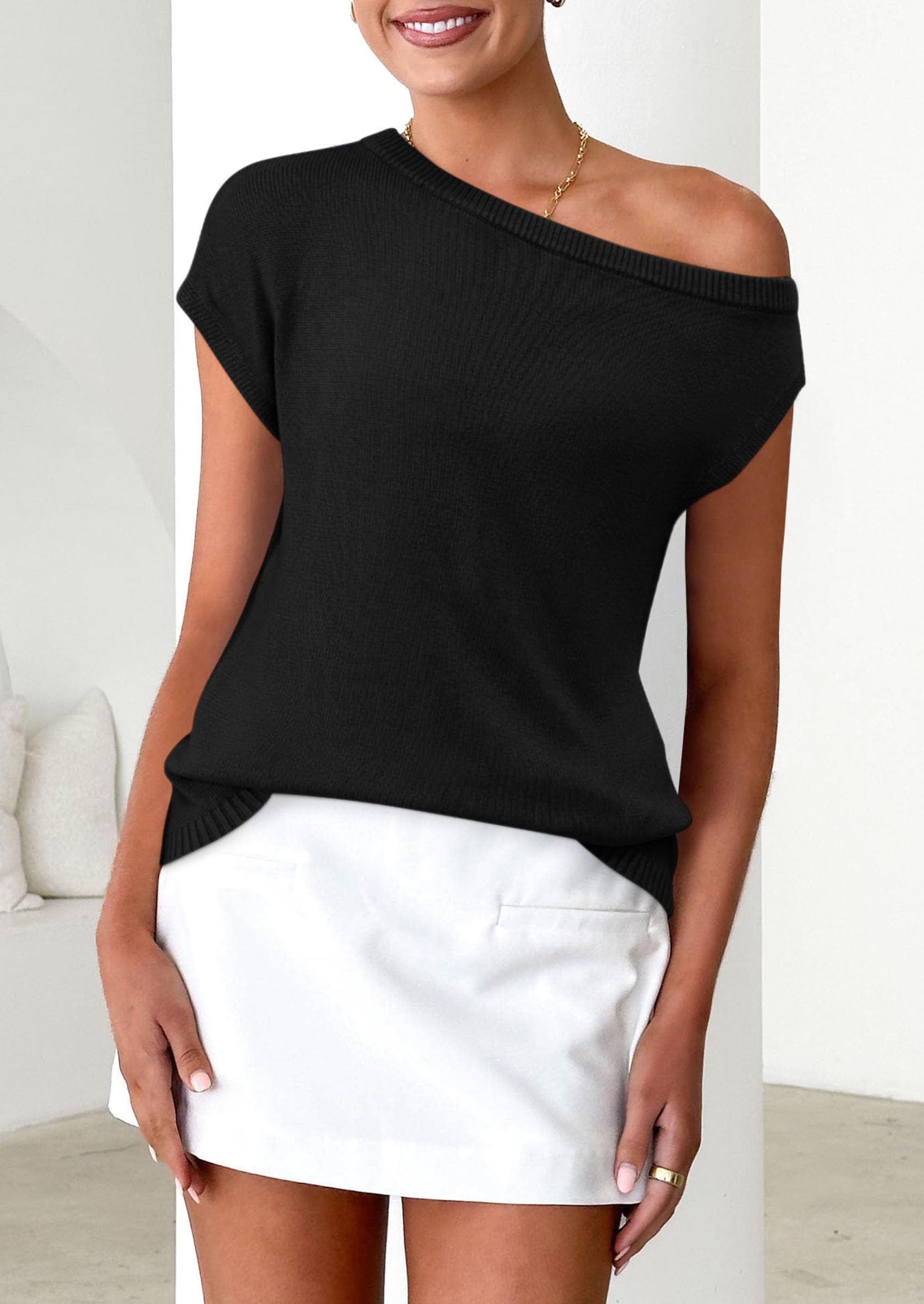 PRETTYGARDEN Womens Off The Shoulder Tops Summer Casual Short Sleeve Tunic T Shirts Lightweight Knit Sweaters