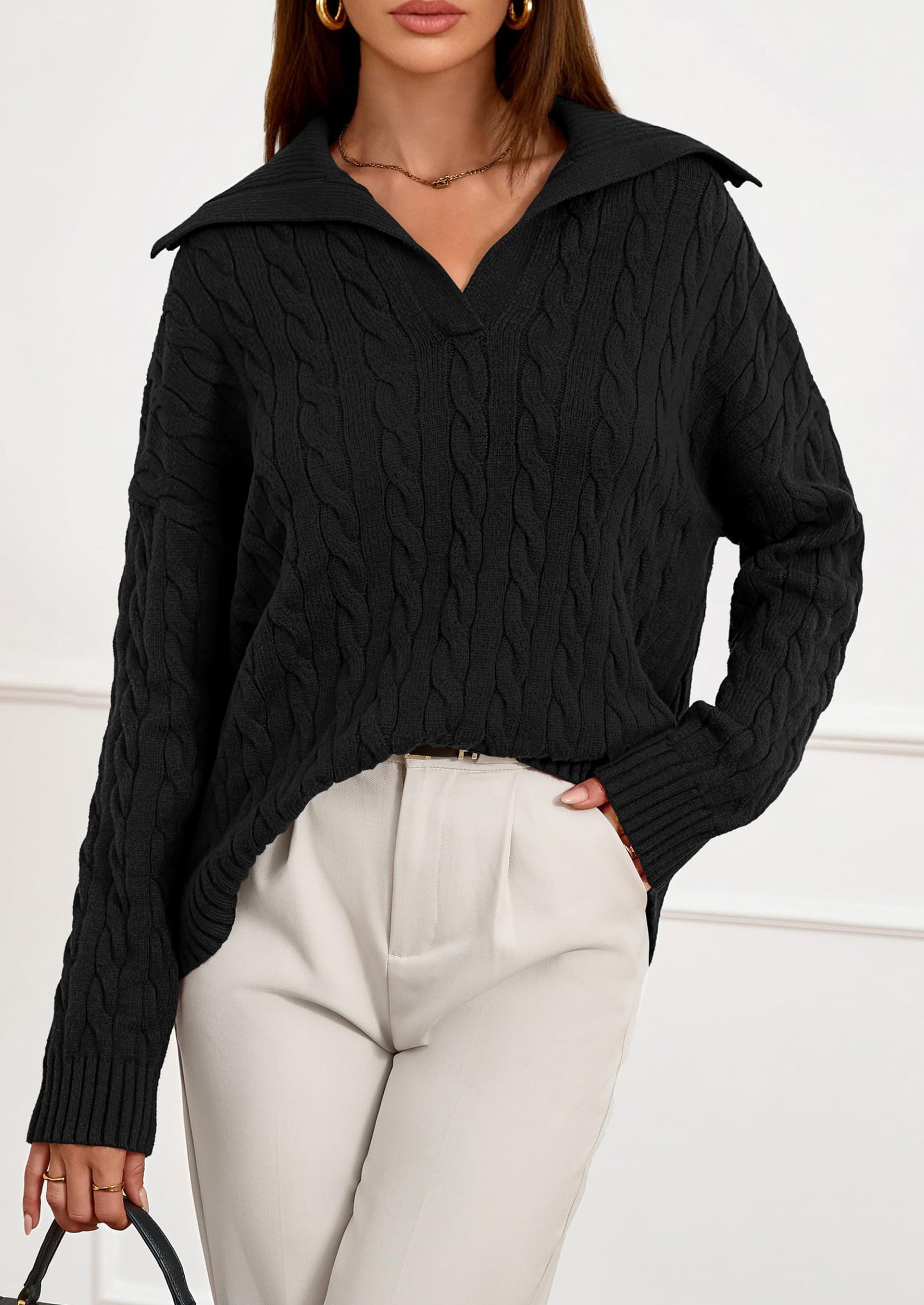 PRETTYGARDEN Fall Cable Knit Oversized Sweaters for Women Polo V Neck Long Sleeve Casual Chunky Sweater Pullover Tops PRETTYGARDEN