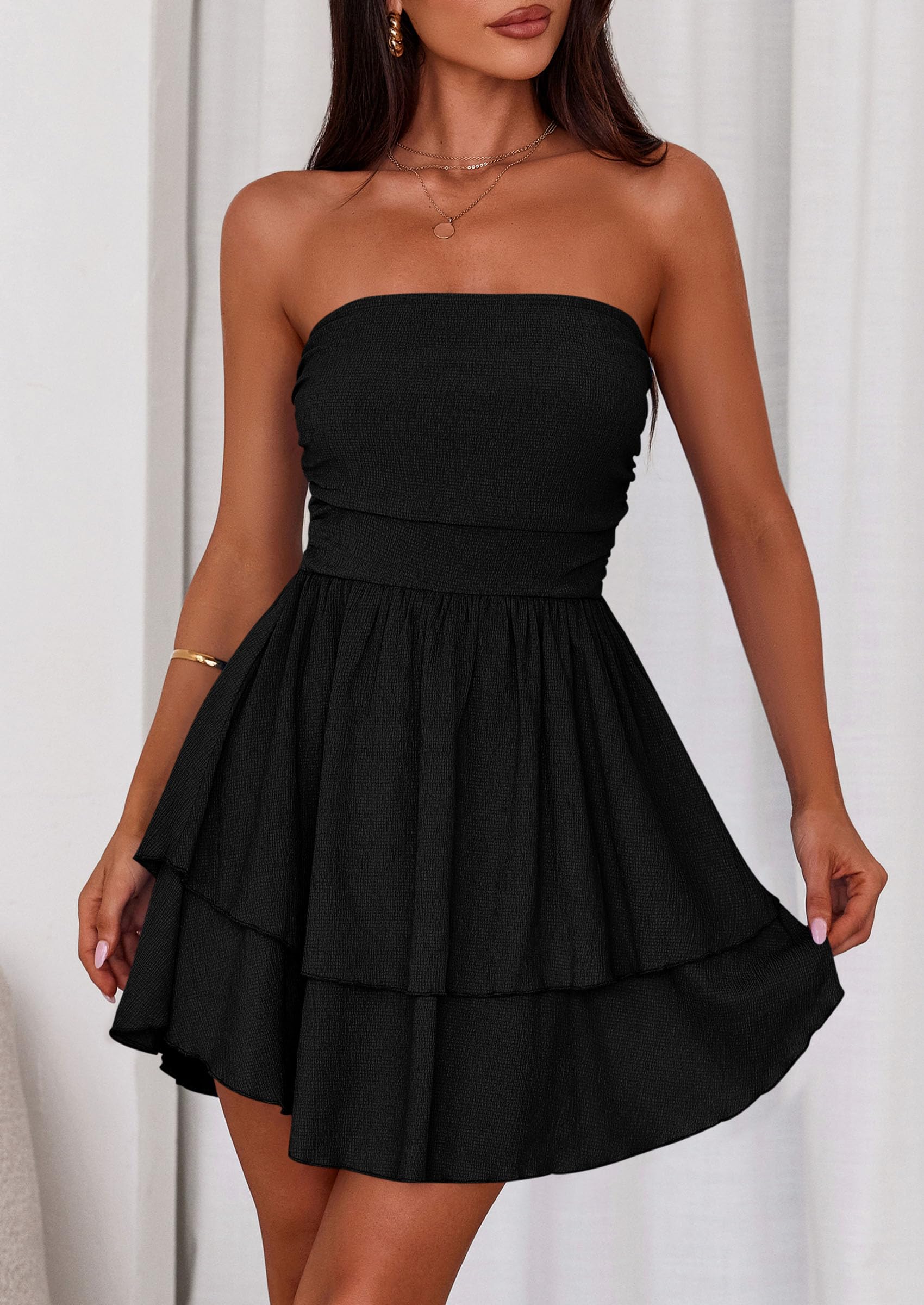 PRETTYGARDEN Women's Summer Strapless Tube Mini Dress Off Shoulder Smocked Ruffle A Line Flowy Short Party Club Dresses