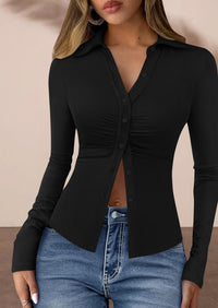 PRETTYGARDEN Womens Button Down Shirts V Neck Collared Ruched Slim Fit Long Sleeve Shirt Casual Fall Fashion Ladies Tops PRETTYGARDEN