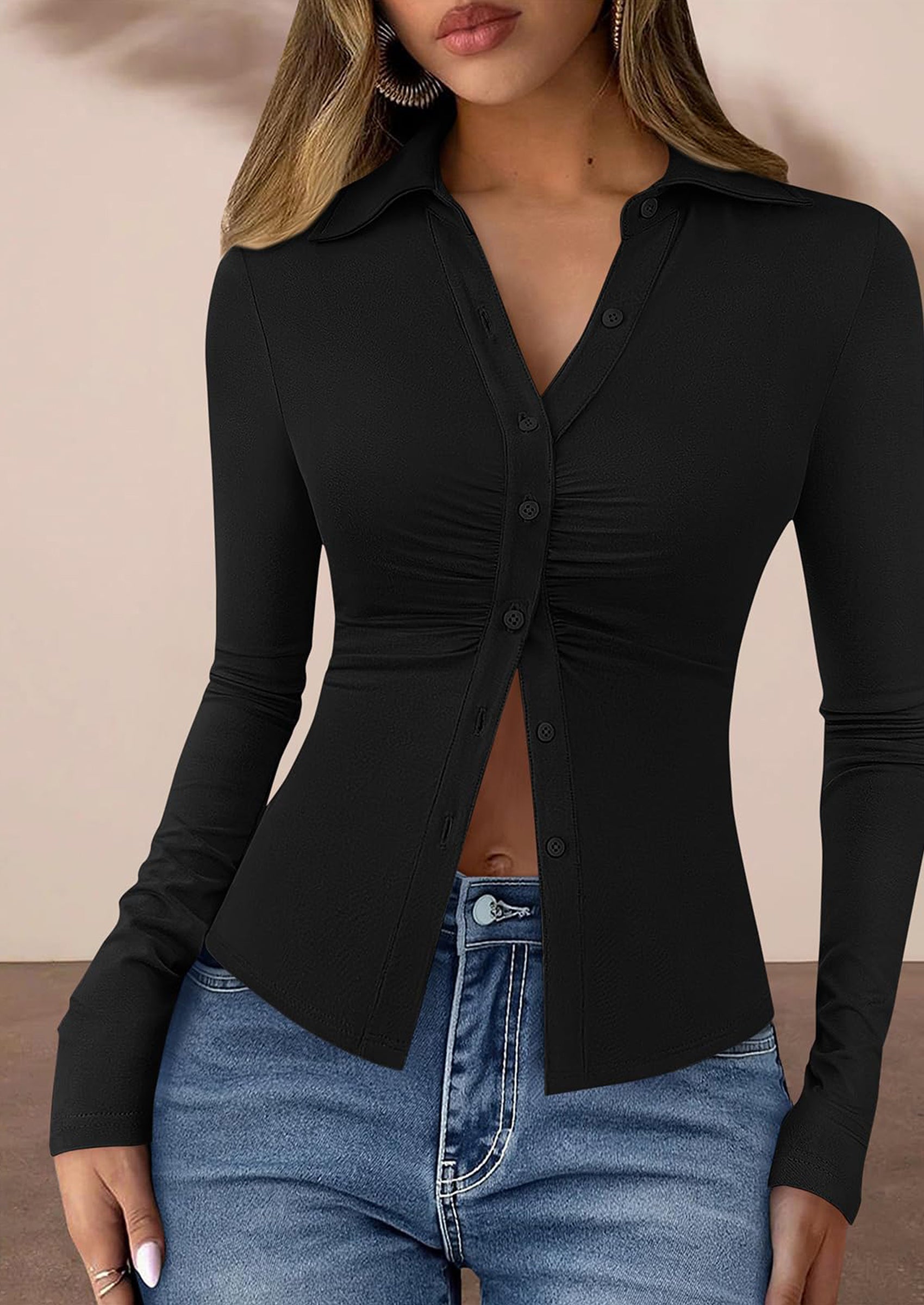 PRETTYGARDEN Womens Button Down Shirts V Neck Collared Ruched Slim Fit Long Sleeve Shirt Casual Fall Fashion Ladies Tops PRETTYGARDEN