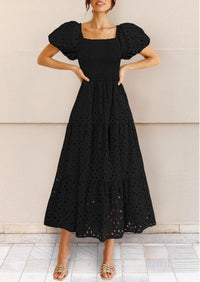 Summer Dresses for Women 2025 Eyelet Square Neck Puff Sleeve Smocked Wedding Guest Maxi Dress with Pockets