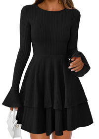 PRETTYGARDEN Womens Spring Fashion Long Bell Sleeve Mini Sweater Dress Casual Crewneck A Line Knit Short Cocktail Dresses - PRETTYGARDEN