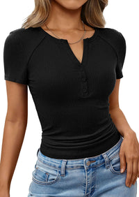 PRETTYGARDEN Womens Summer Short Sleeve Tops 2026 Spring Casual V Neck Henley Button Up T Shirts Dressy Ribbed Knit Blouses PRETTYGARDEN