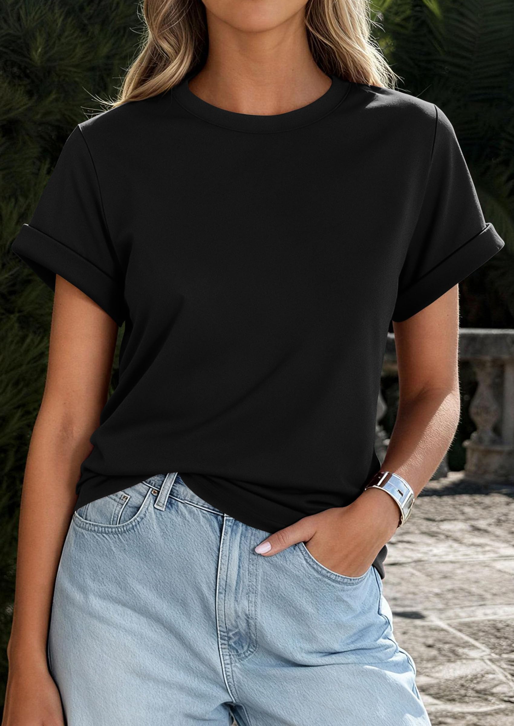 PRETTYGARDEN Womens Summer Tops Spring Casual Rolled Short Sleeve Basic Tees Crew Neck Work Shirts Fashion Clothing PRETTYGARDEN