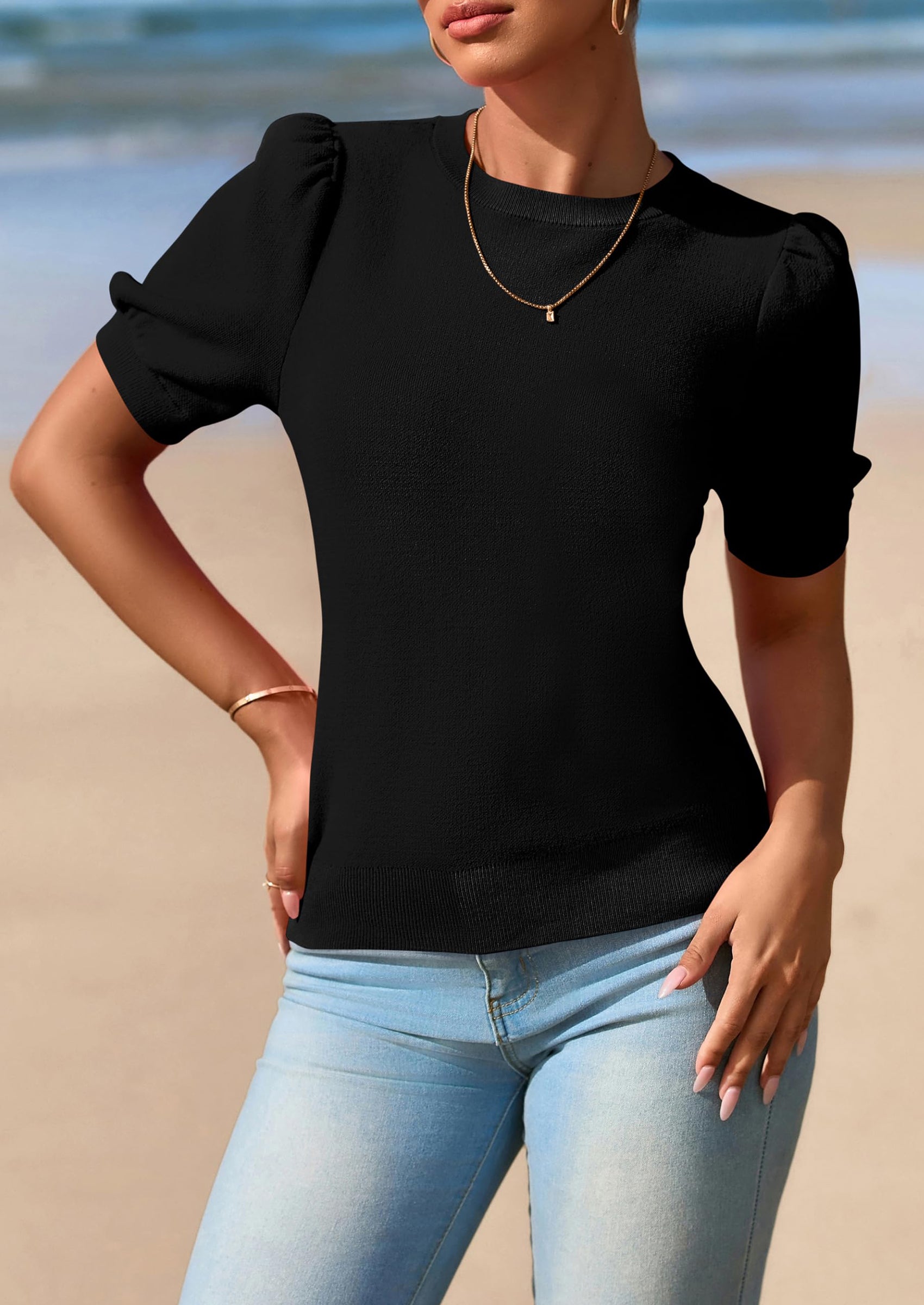 PRETTYGARDEN Womens Tops Spring Summer Puff Short Sleeve Sweater Crewneck Knit Work Blouses Dressy Casual Trendy Shirts PRETTYGARDEN