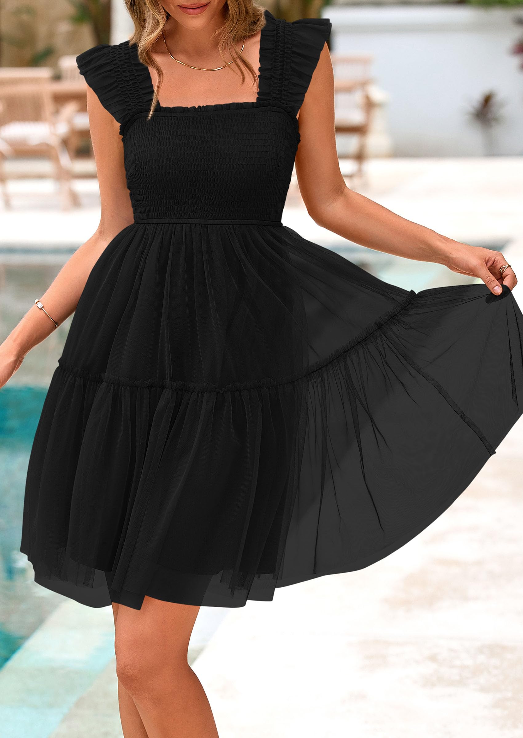 PRETTYGARDEN Womens Trendy Mini Summer Dresses Sleeveless Tulle Ruffle Square Neck Tiered Smocked Beach Vacation Dress