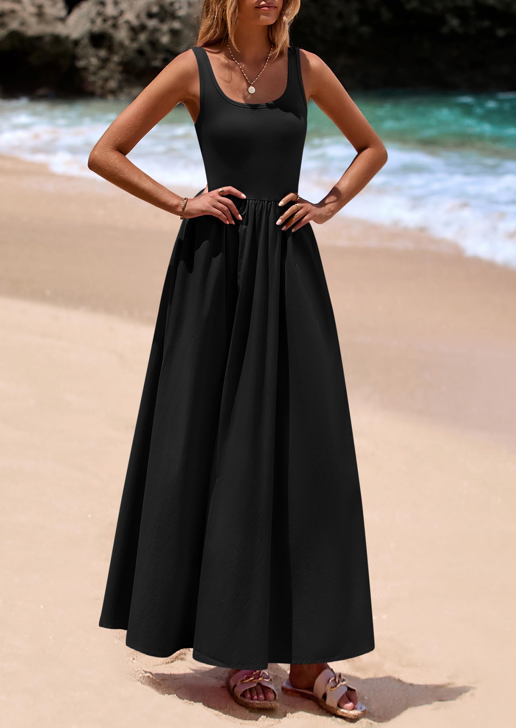 PRETTYGARDEN Womens Summer Casual Scoop Neck Sleeveless Long Dresses Tank Top Patchwork Aline Swing Maxi Dress with Pockets