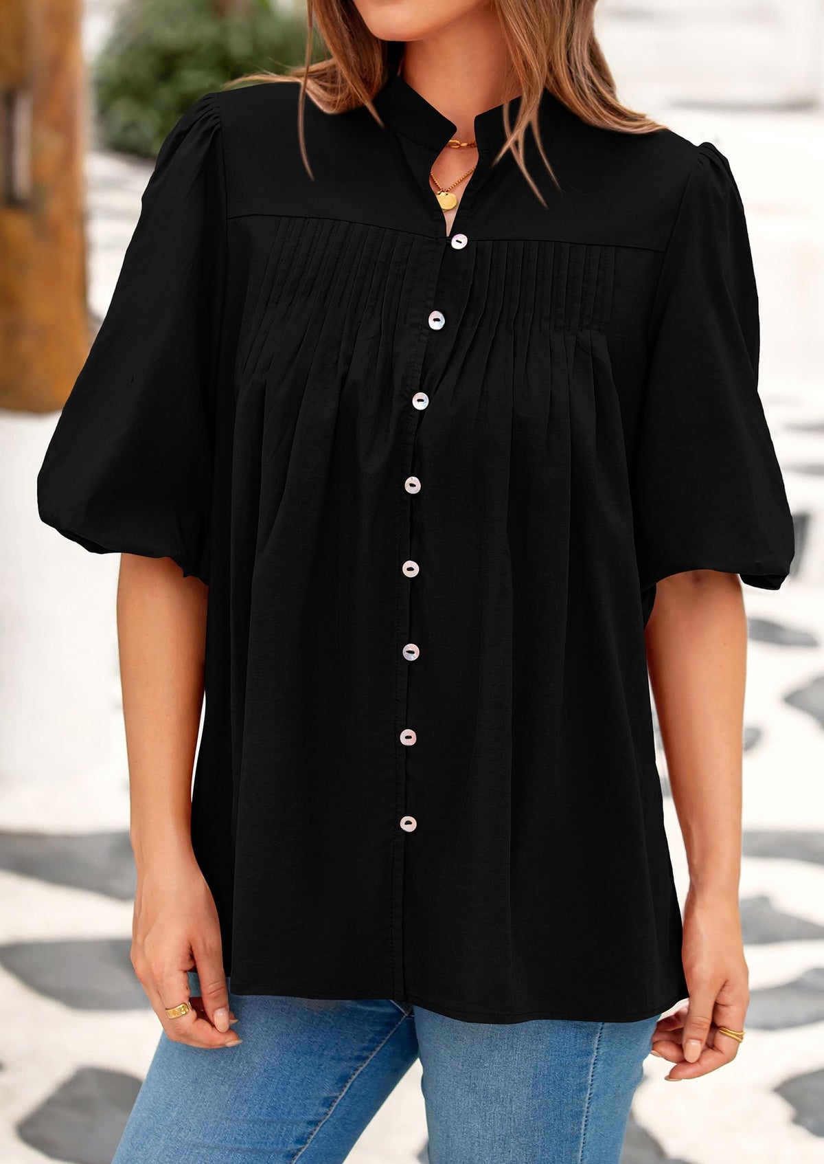 Women's 2025 Summer Short Lantern Sleeve Tops Loose Fit Button Down Shirt Casual Pleated V Neck Blouses