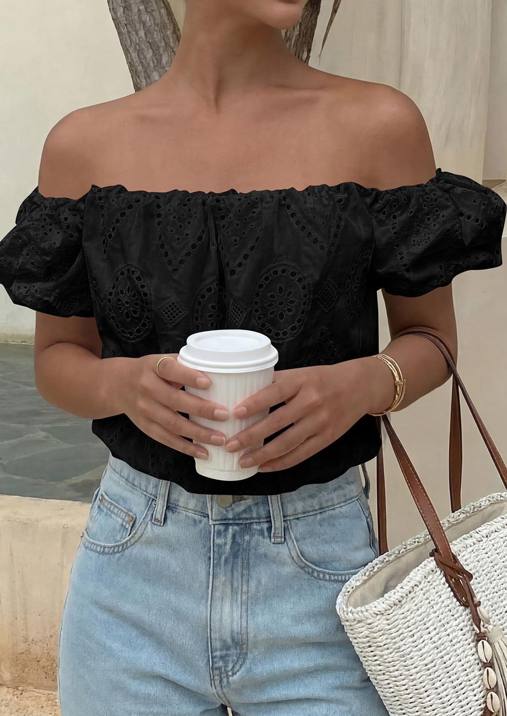 PRETTYGARDEN Women's Summer Off The Shoulder Tops Dressy Casual Puff Short Sleeve Embroidered Eyelet Cute Blouse Shirts PRETTYGARDEN