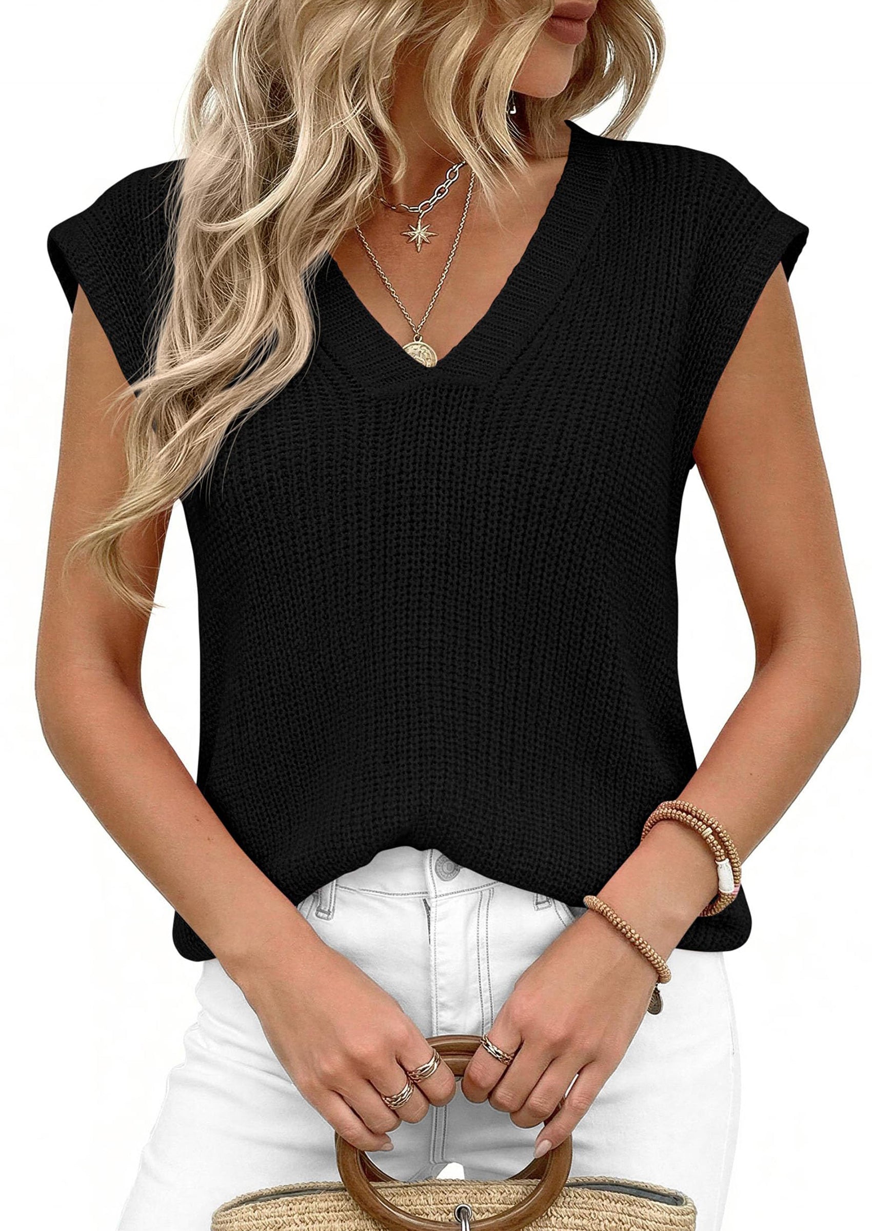 PRETTYGARDEN Women's Lightweight Sweaters Vest Spring Trendy Cap Sleeve V Neck Knit Tank Tops Summer Going Out Outfits PRETTYGARDEN