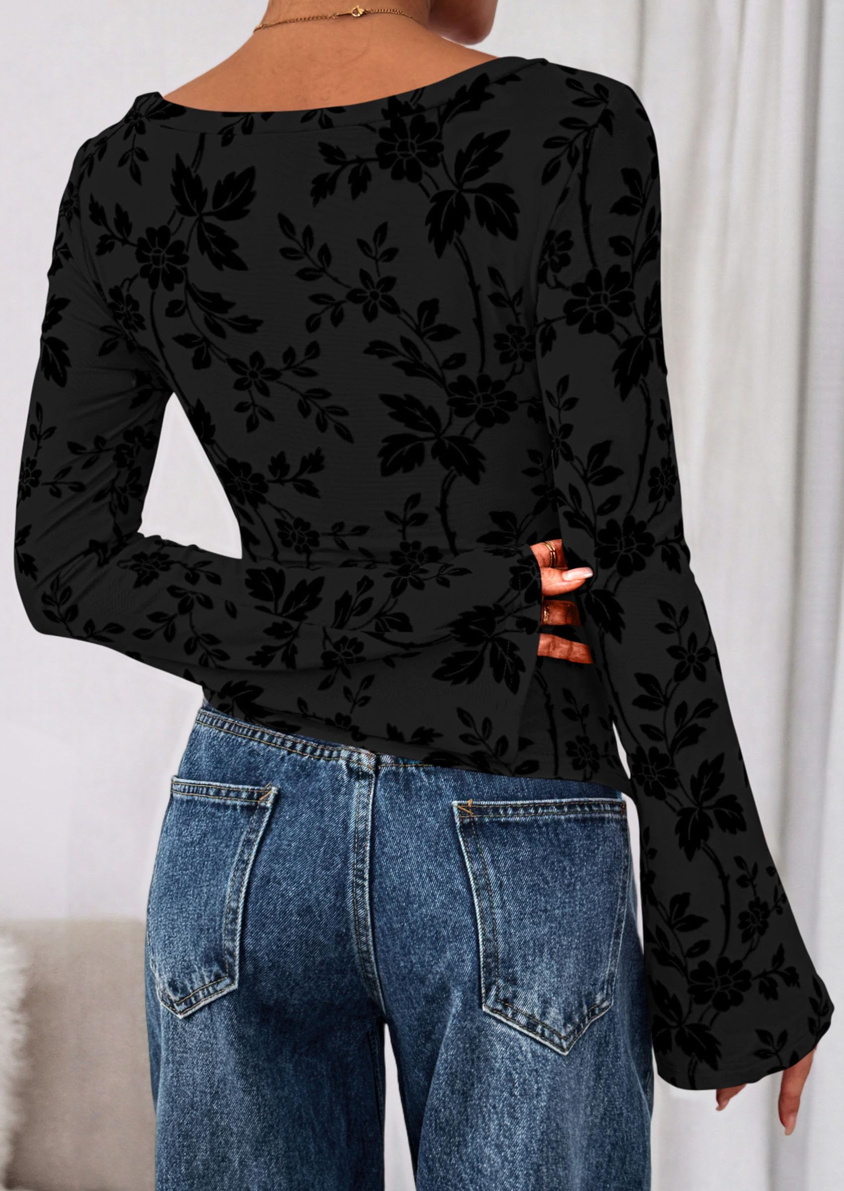 PRETTYGARDEN Women Long Sleeve Floral Mesh Tops Blouse  Fall Trendy Boat Neck Ruched Fitted Shirt Going Out Date Outfits