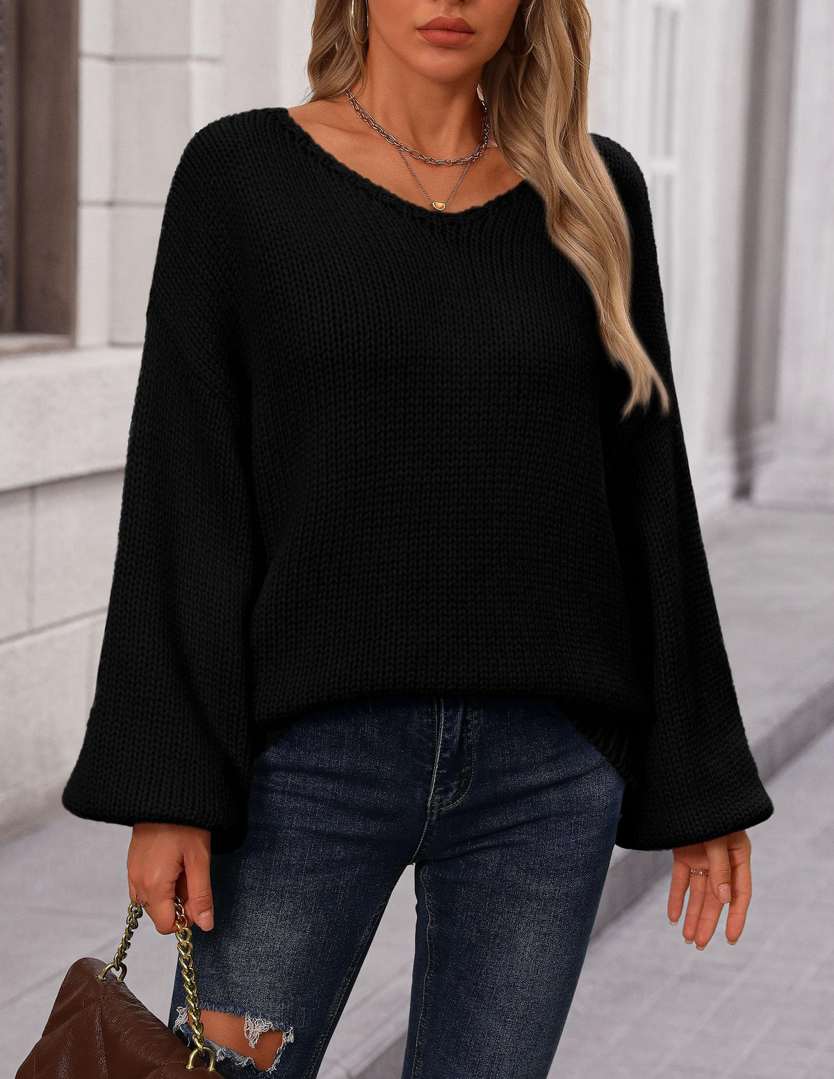 Fall Sweaters Chunky Loose Long Sleeve V Neck Oversized Dressy Casual Knit Pullover Tops