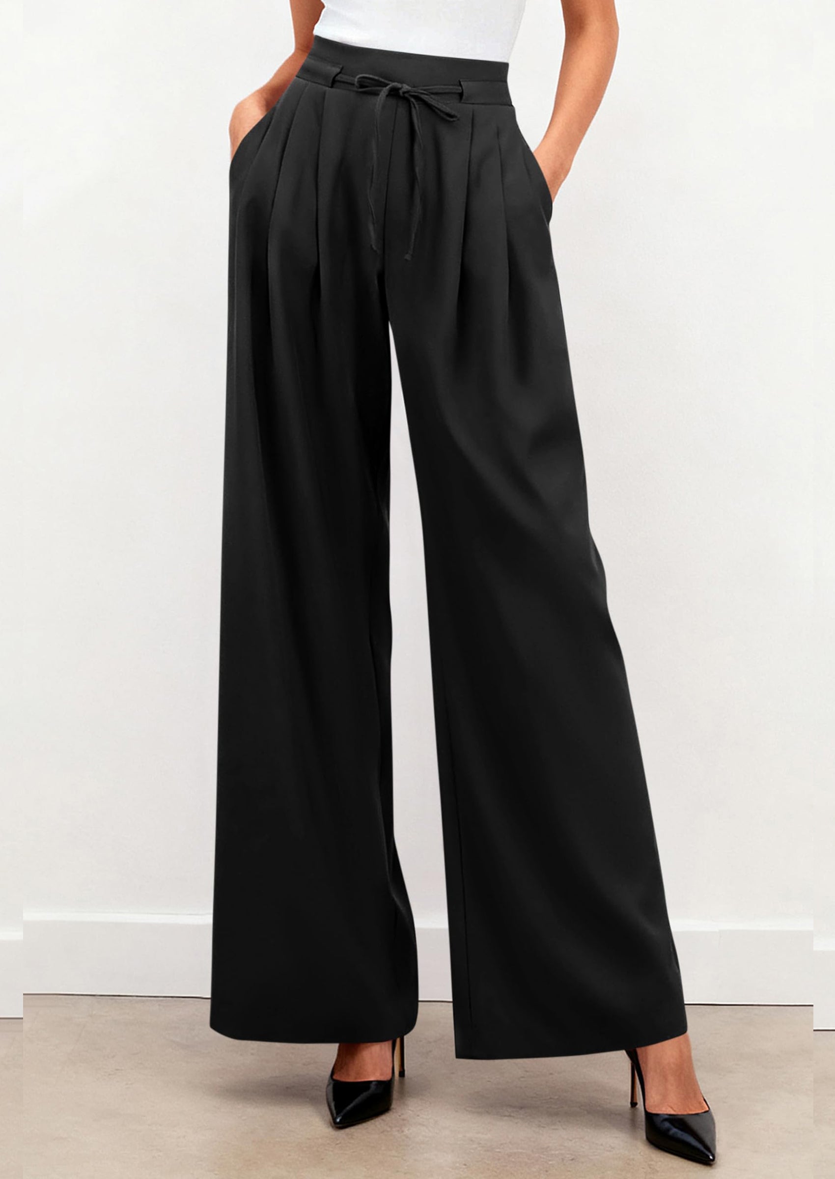 PRETTYGARDEN Women Wide Leg Pants Business Casual Elastic Waist Work Trousers Dressy Pants with Pockets PRETTYGARDEN