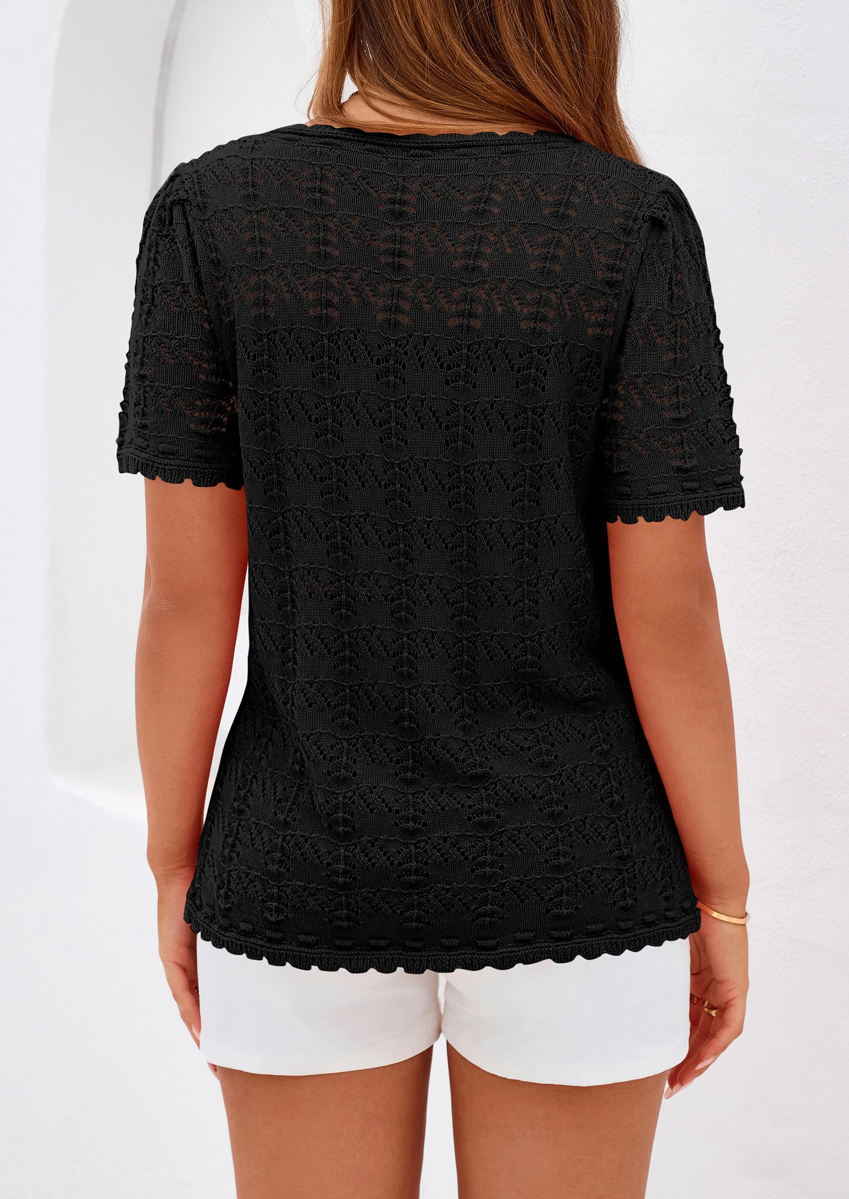 PRETTYGARDEN Women's Short Sleeve Sweater Trendy Crochet Summer Tops Casual Hollow Out Shirts Beach Vacation Clothes PRETTYGARDEN